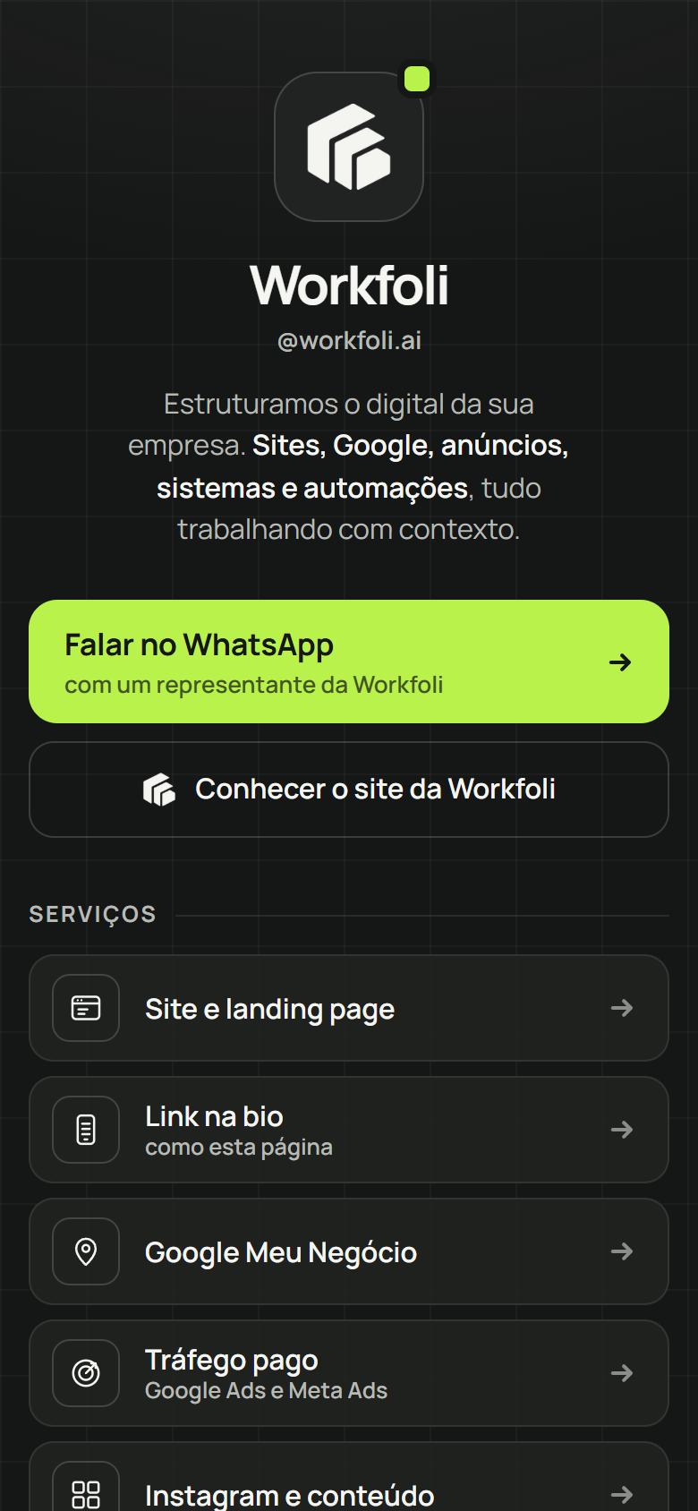 Página de link na bio da Workfoli no celular